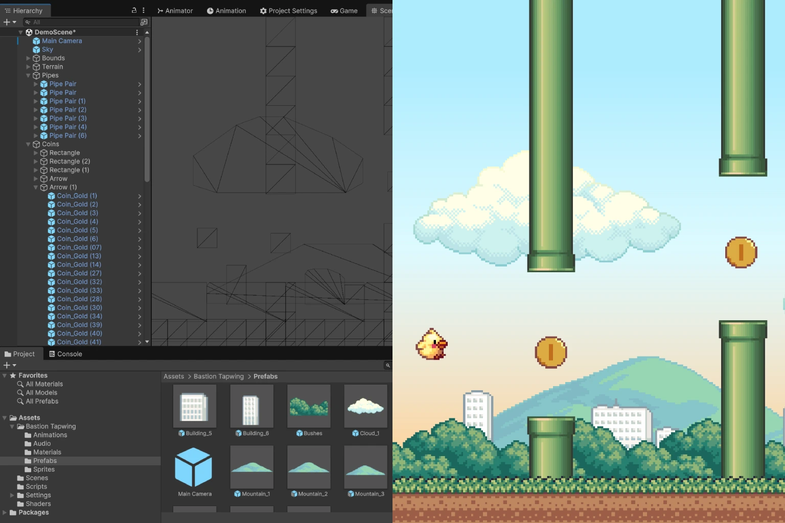 Unity editor on the left and the resulting 2D game scene on the right, showing the transition from development to a playable game.